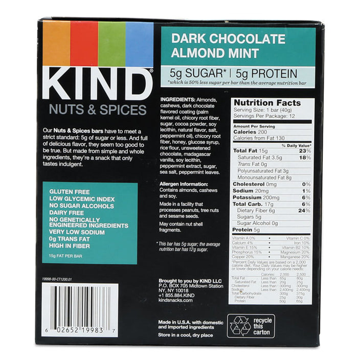 Nuts and Spices Bar, Dark Chocolate Almond Mint, 1.4 oz Bar, 12/Box