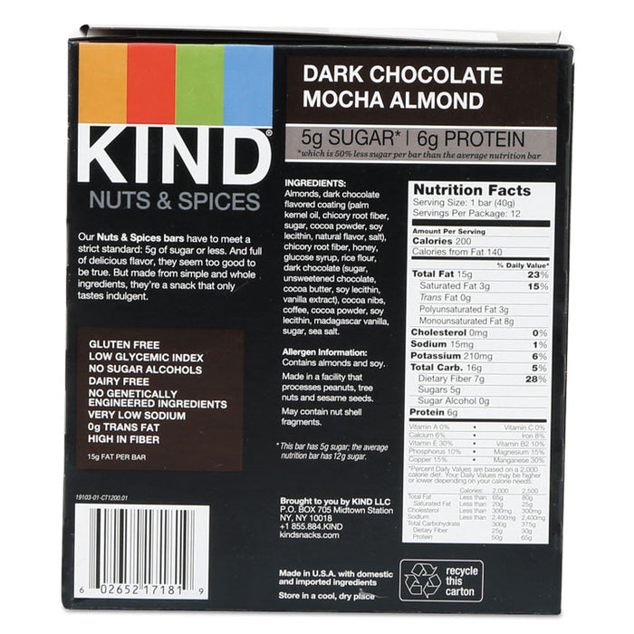 Nuts and Spices Bar, Dark Chocolate Mocha Almond, 1.4 oz Bar, 12/Box