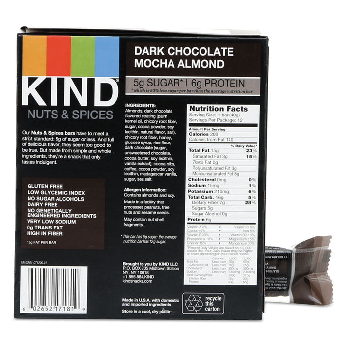 Nuts and Spices Bar, Dark Chocolate Mocha Almond, 1.4 oz Bar, 12/Box