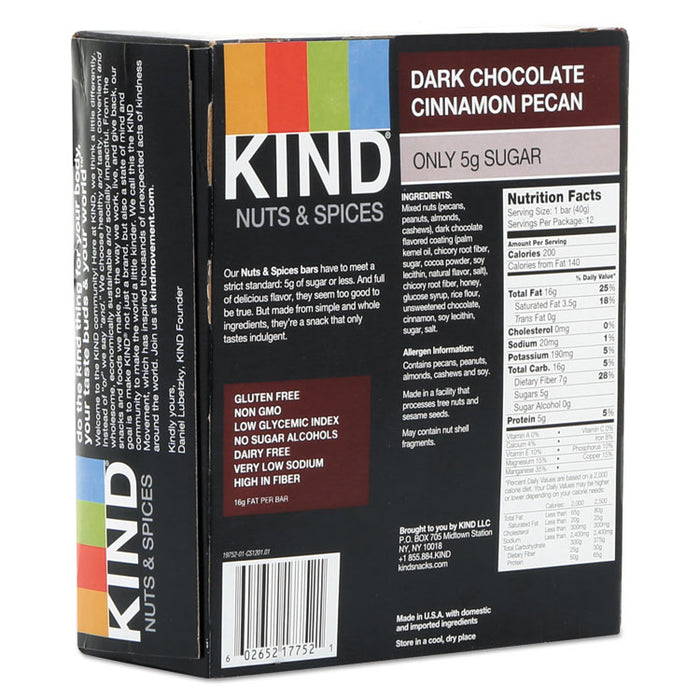 Nuts and Spices Bar, Dark Chocolate Cinnamon Pecan, 1.4 oz, 12/Box