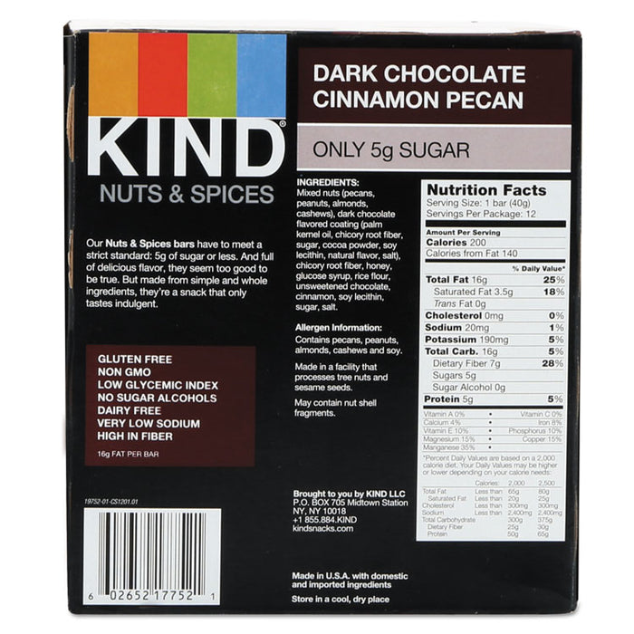 Nuts and Spices Bar, Dark Chocolate Cinnamon Pecan, 1.4 oz, 12/Box
