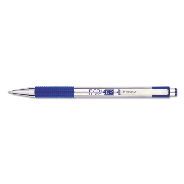 F-301 Retractable Ballpoint Pen, 0.7mm, Blue Ink, Stainless Steel/Blue Barrel
