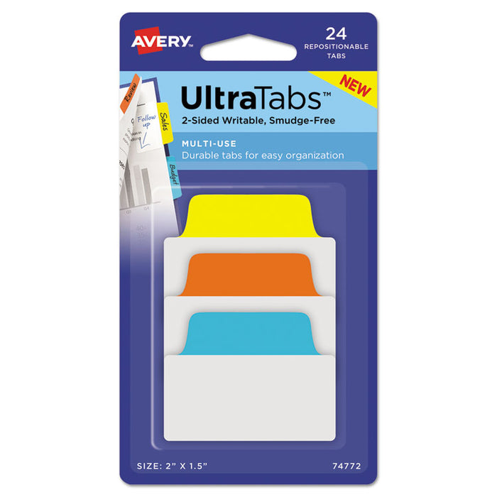 Ultra Tabs Repositionable Standard Tabs, 1/5-Cut Tabs, Assorted Primary Colors, 2" Wide, 24/Pack