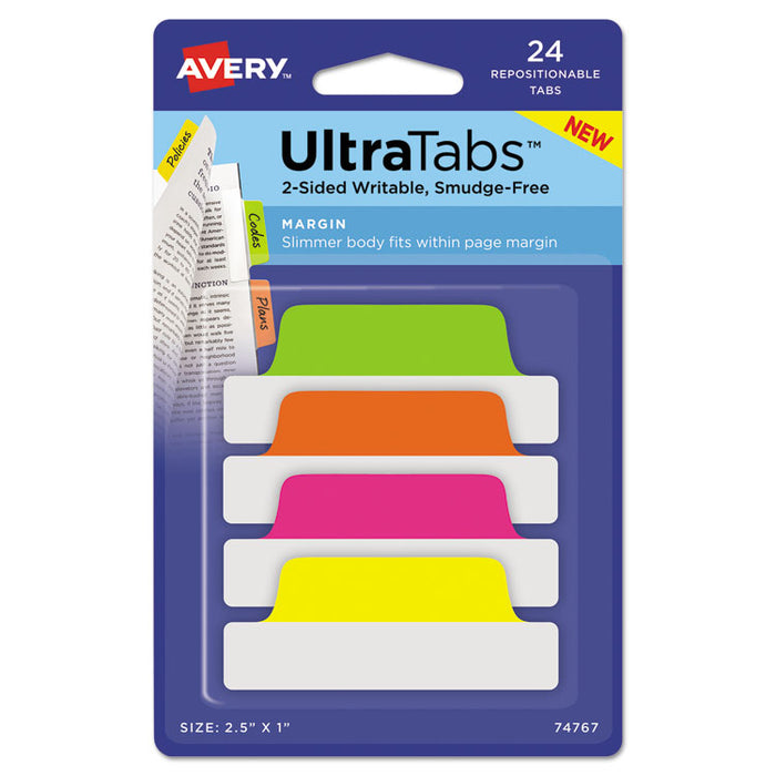 Ultra Tabs Repositionable Tabs, Margin Tabs: 2.5" x 1", 1/5-Cut, Assorted Neon Colors, 24/Pack