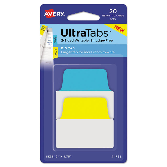 Ultra Tabs Repositionable Tabs, Big Tabs: 2" x 1.75", 1/5-Cut, Assorted Primary Colors, 20/Pack