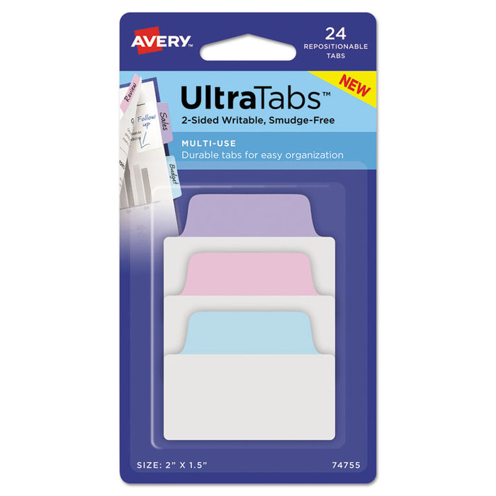 Ultra Tabs Repositionable Tabs, Standard: 2" x 1.5", 1/5-Cut, Assorted Pastel Colors, 24/Pack