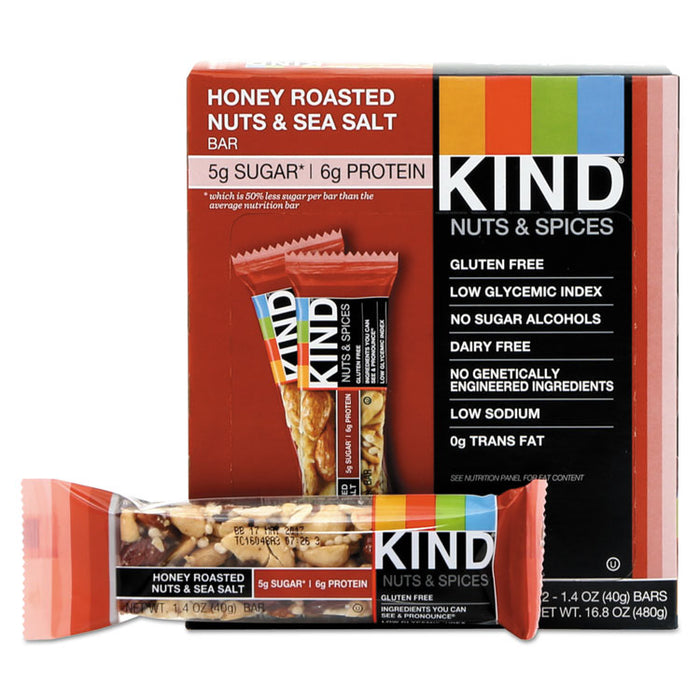 Nuts and Spices Bar, Honey Roasted Nuts/Sea Salt, 1.4 oz Bar, 12/Box