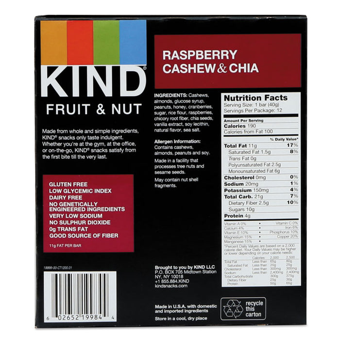 Fruit and Nut Bars, Raspberry Cashew and Chia, 1.4 oz Bar, 12/Box