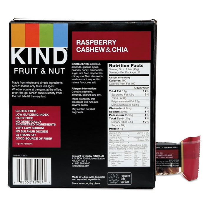 Fruit and Nut Bars, Raspberry Cashew and Chia, 1.4 oz Bar, 12/Box