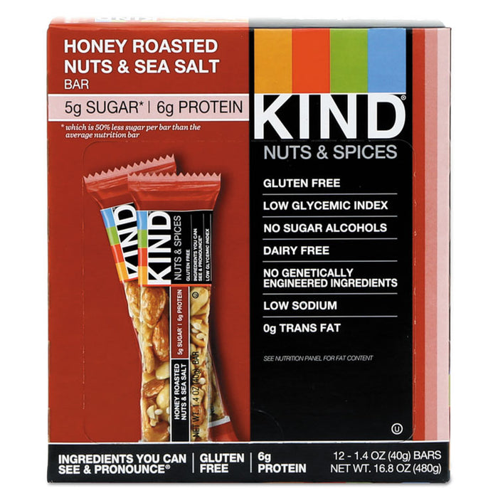 Nuts and Spices Bar, Honey Roasted Nuts/Sea Salt, 1.4 oz Bar, 12/Box