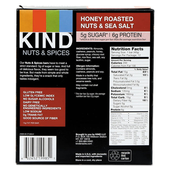 Nuts and Spices Bar, Honey Roasted Nuts/Sea Salt, 1.4 oz Bar, 12/Box