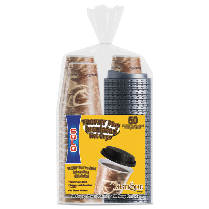 Trophy Plus Dual Temperature Insulated Cups and Lids Combo Pack, 12 oz, Brown, 50 Cups and Lids/Pack, 6 Packs/Carton