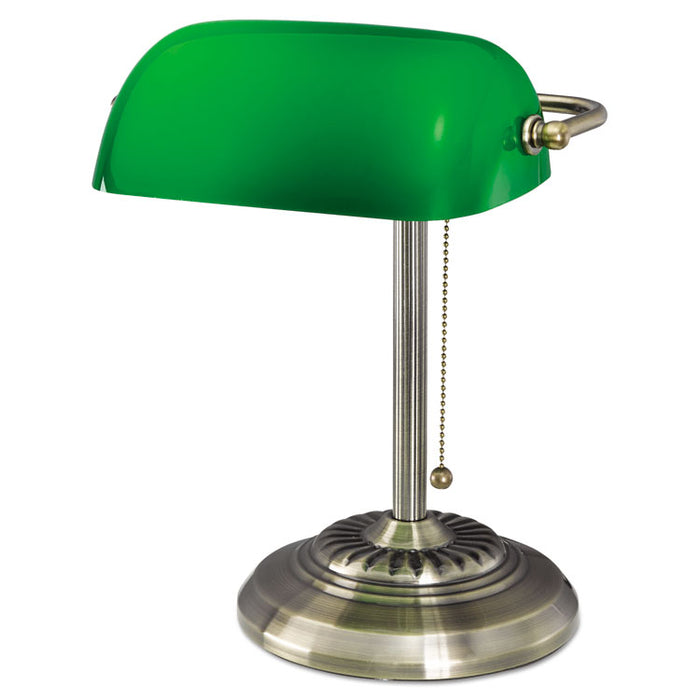 Traditional Banker's Lamp, Green Glass Shade, 10.5"w x 11"d x 13"h, Antique Brass