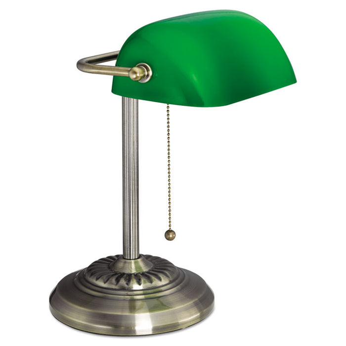 Traditional Banker's Lamp, Green Glass Shade, 10.5"w x 11"d x 13"h, Antique Brass