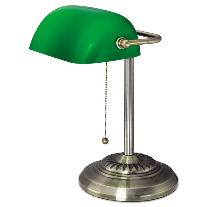 Traditional Banker's Lamp, Green Glass Shade, 10.5"w x 11"d x 13"h, Antique Brass