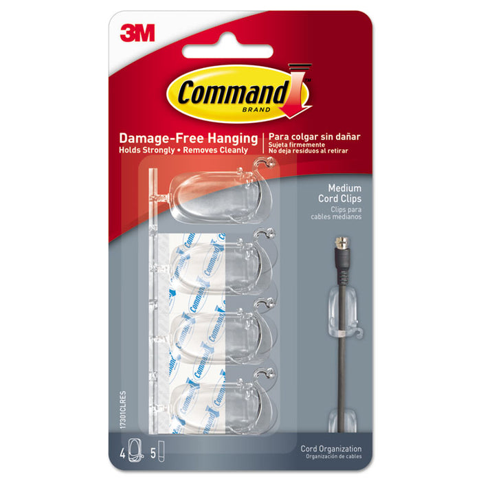 Cord Clip, Medium, with Adhesive, 0.63"w, Clear, 4/Pack