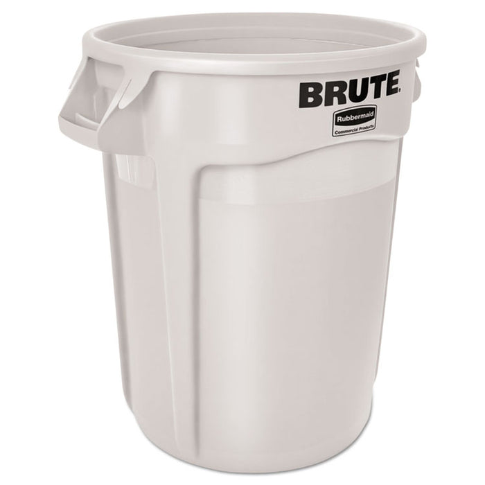 Vented Round Brute Container, 55 gal, White, Resin