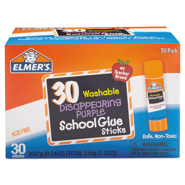Washable School Glue Sticks, 0.24 oz, Applies Purple, Dries Clear, 30/Box