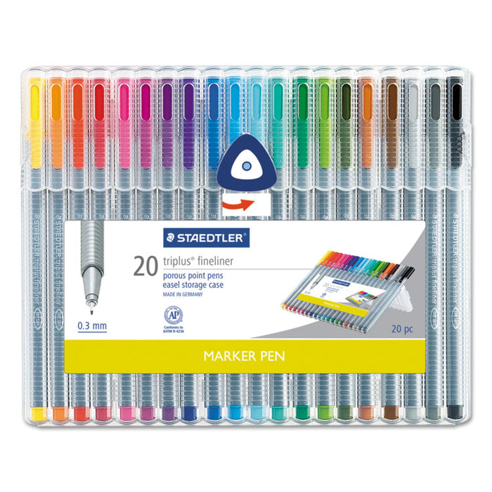 Triplus Fineliner Porous Point Pen, Stick, Extra-Fine 0.3 mm, Assorted Ink Colors, Silver Barrel, 20/Pack