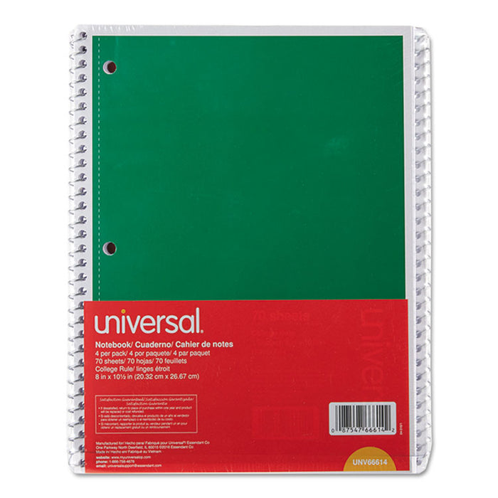 Wirebound Notebook, 1 Subject, Medium/College Rule, Assorted Covers, 10.5 x 8, 70 Sheets, 4/Pack
