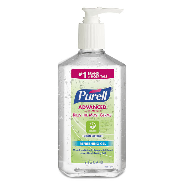 Advanced Hand Sanitizer Green Certified Gel, Fragrance-Free, 12 oz Pump Bottle, 12/Carton