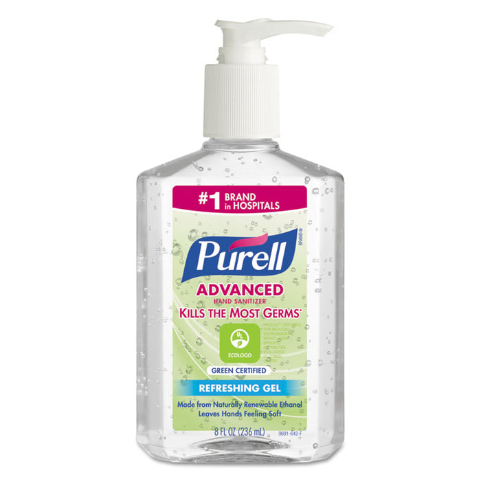 Advanced Hand Sanitizer Green Certified Gel, Fragrance-Free, 8 oz Pump Bottle, 12/Carton