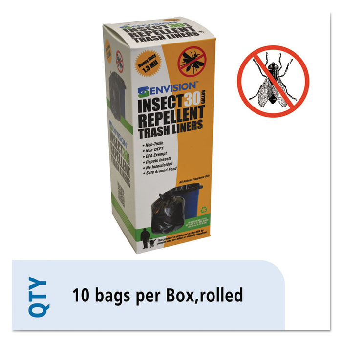 Insect-Repellent Trash Bags, 33 gal, 1.3 mil, 33" x 40", Black, 10/Box