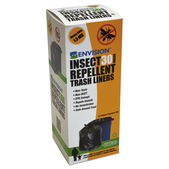 Insect-Repellent Trash Bags, 33 gal, 1.3 mil, 33" x 40", Black, 10/Box