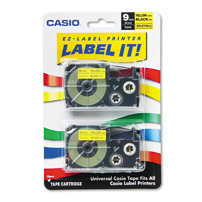 Tape Cassettes for KL Label Makers, 0.37" x 26 ft, Black on Yellow, 2/Pack