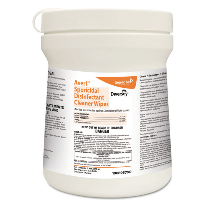 Avert Sporicidal Disinfectant Cleaner Wipes, Chlorine, 6 x 7, 160/Can, 12/Carton