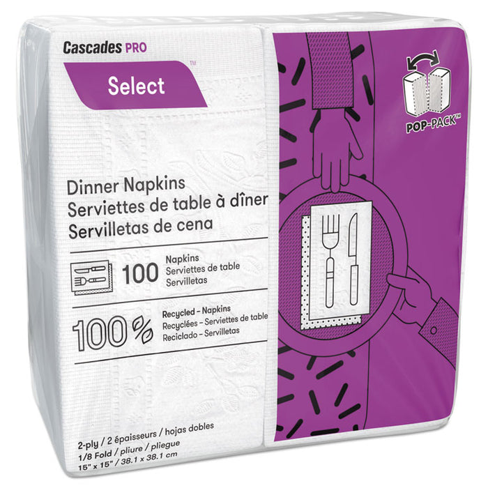 Select Dinner Napkins, 2-Ply, 3 3/4 x 8 1/2, White, 100/Pack, 3000/Carton