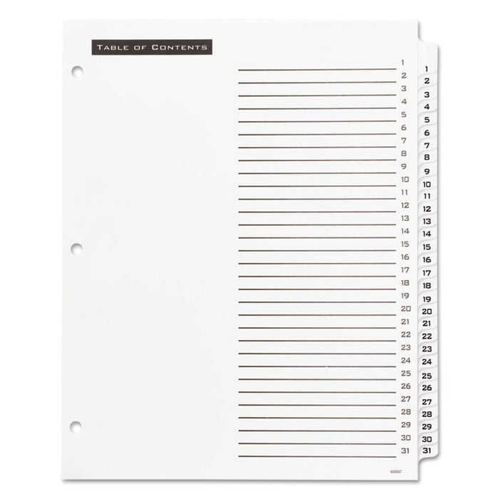 Table 'n Tabs Dividers, 31-Tab, 1 to 31, 11 x 8.5, White, 1 Set