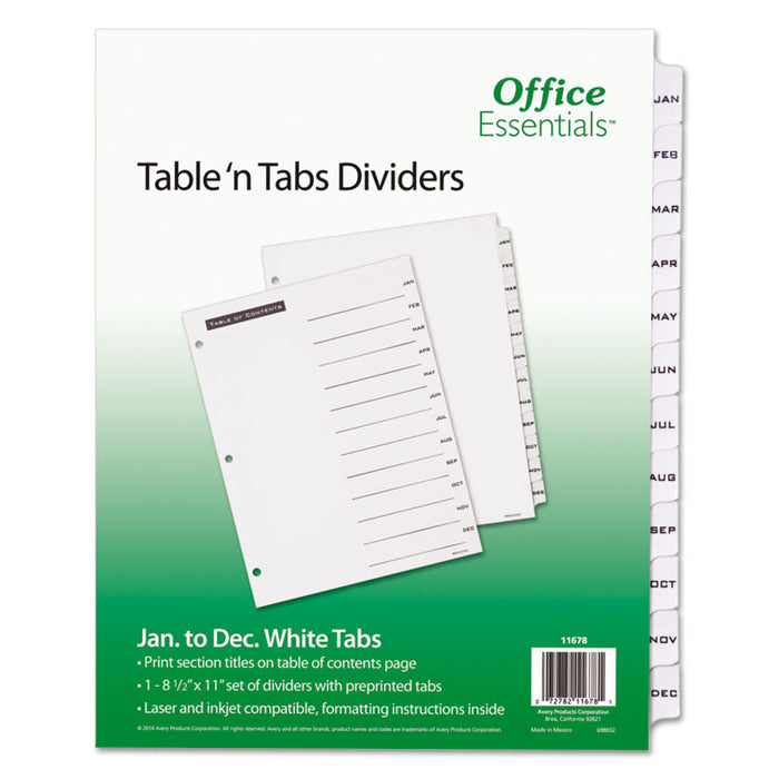 Table 'n Tabs Dividers, 12-Tab, Jan. to Dec., 11 x 8.5, White, 1 Set