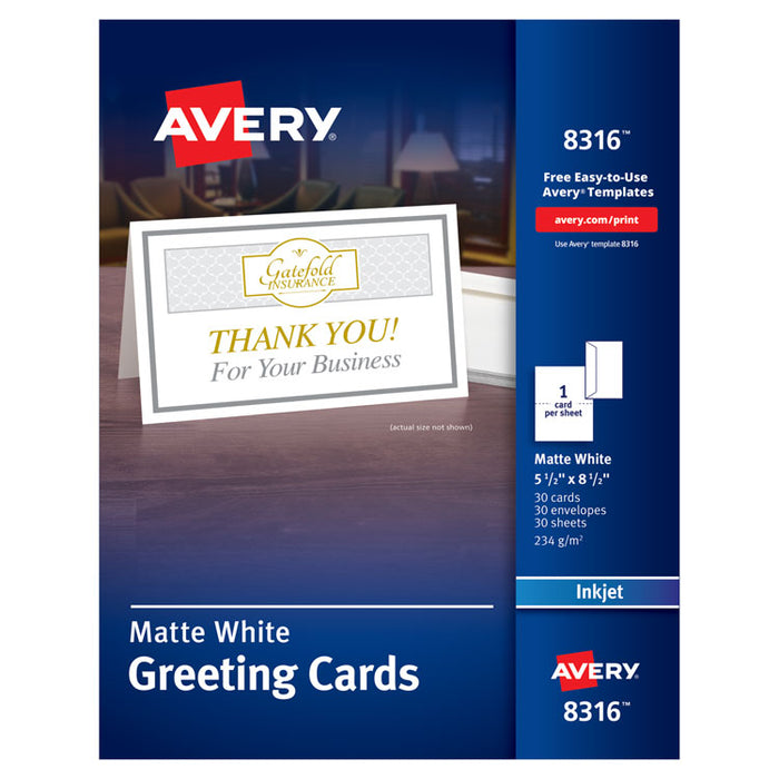Half-Fold Greeting Cards, Inkjet, 5 1/2 x 8.5, Matte White, 30/Box w/Envelopes