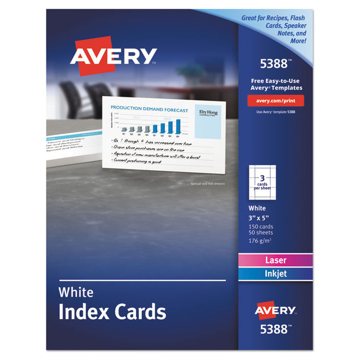 Printable Index Cards with Sure Feed, Unruled, Inkjet/Laser, 3 x 5, White, 150 Cards, 3 Cards/Sheet, 50 Sheets/Box