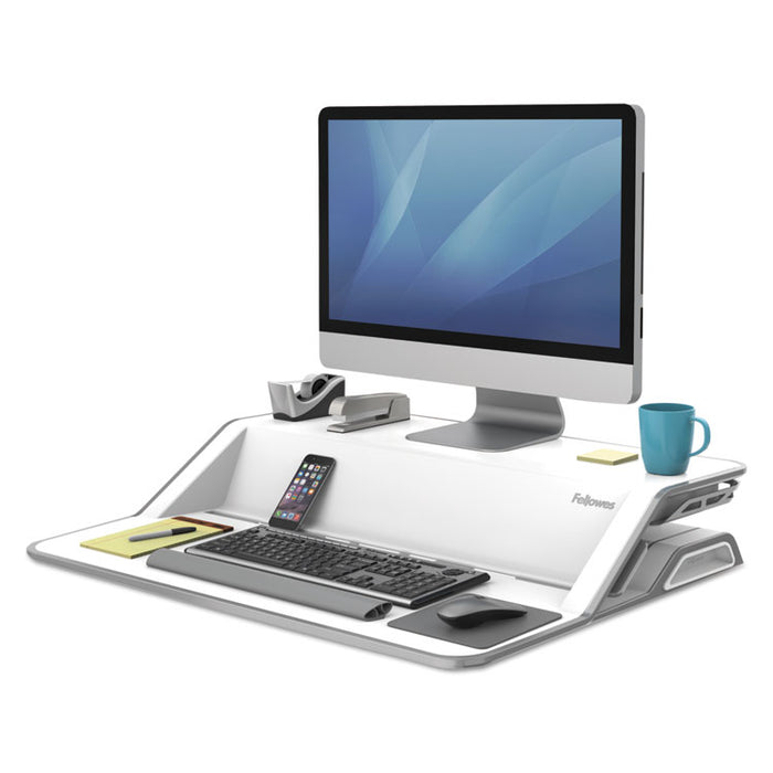 Lotus Sit-Stands Workstation, 32.75" x 24.25" x 5.5" to 22.5", White