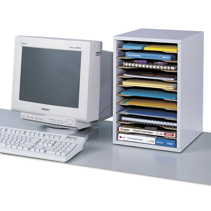 Wood Vertical Desktop Sorter, 11 Compartments, 10.63 x 11.88 x 16, Medium Oak