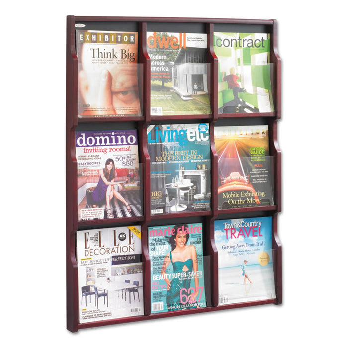 Expose Adjustable Magazine/Pamphlet 9 Pocket Display, 29.75w x 2.5d x 38.25h, Mahogany