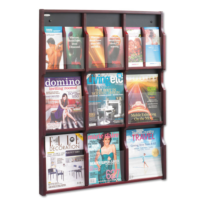 Expose Adjustable Magazine/Pamphlet 9 Pocket Display, 29.75w x 2.5d x 38.25h, Mahogany