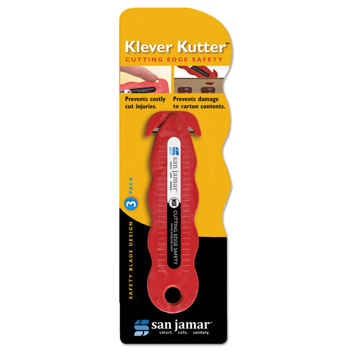 Klever Kutter Safety Cutter, 3 Razor Blades, 1" Blade, 4" Plastic Handle, Red