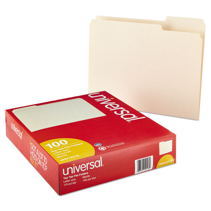 Top Tab Manila File Folders, 1/3-Cut Tabs, Assorted Positions, Letter Size, 11 pt. Manila, 100/Box