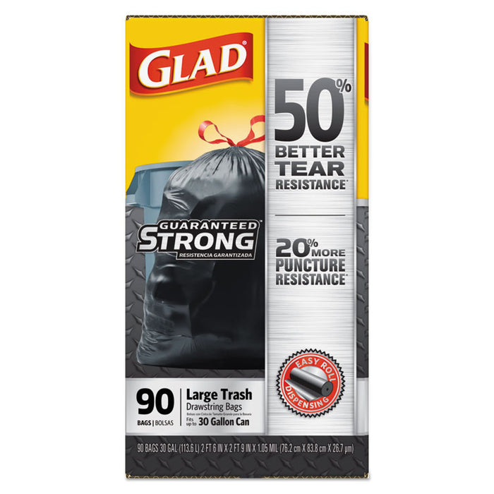 Drawstring Large Trash Bags, 30 gal, 1.05 mil, 30" x 33", Black, 90/Carton