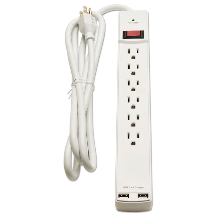 Surge Protector, 6 Outlets/2 USB Charging Ports, 6 ft Cord, 1080 Joules, White