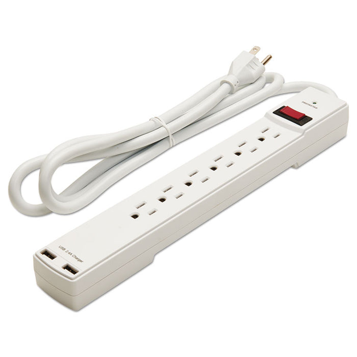 Surge Protector, 6 Outlets/2 USB Charging Ports, 6 ft Cord, 1080 Joules, White