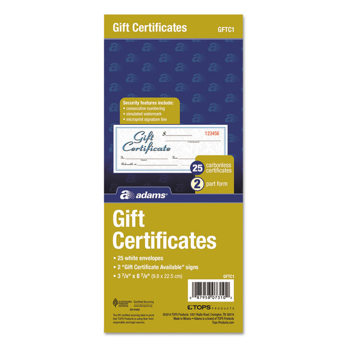 Gift Certificates with Envelopes, 8 x 3.4, White/Canary, 25/Book