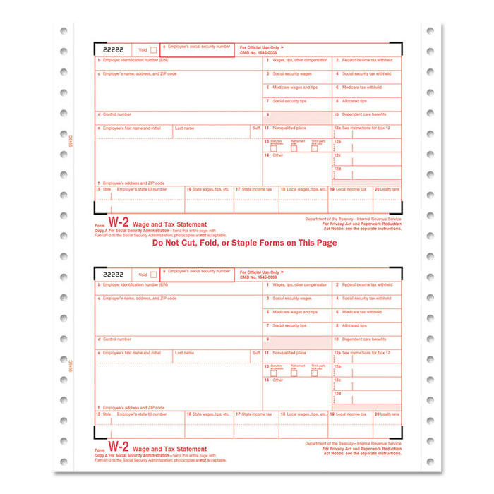 W-2 Tax Forms, Six-Part Carbonless, 5.5 x 8.5, 2/Page, (24) W-2s and (1) W-3
