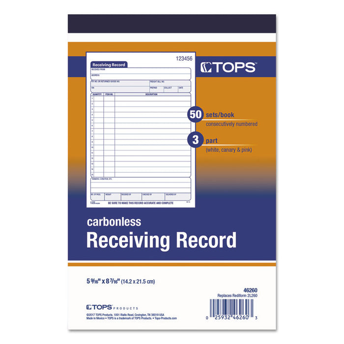 Receiving Record Book, Three-Part Carbonless, 5.56 x 7.94, 50 Forms