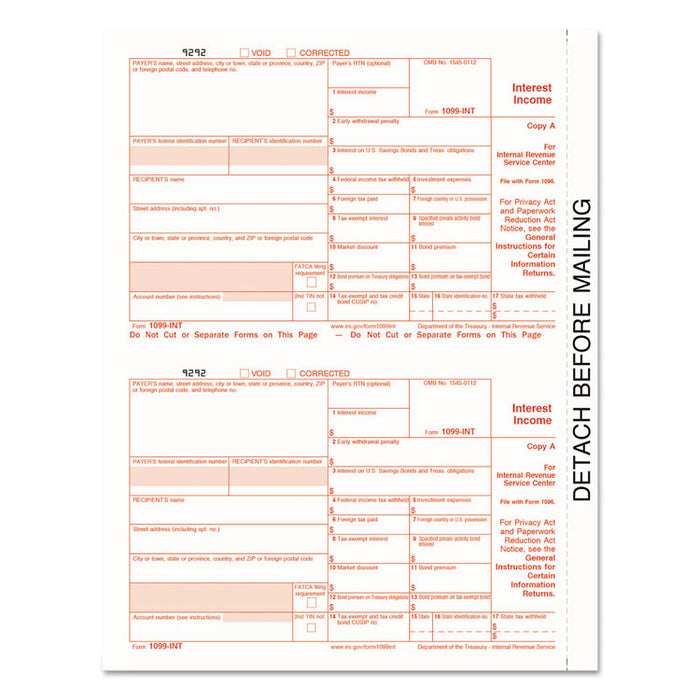 1099-INT Tax Forms, Five-Part Carbonless, 5.5 x 8, 2/Page, 24 Forms
