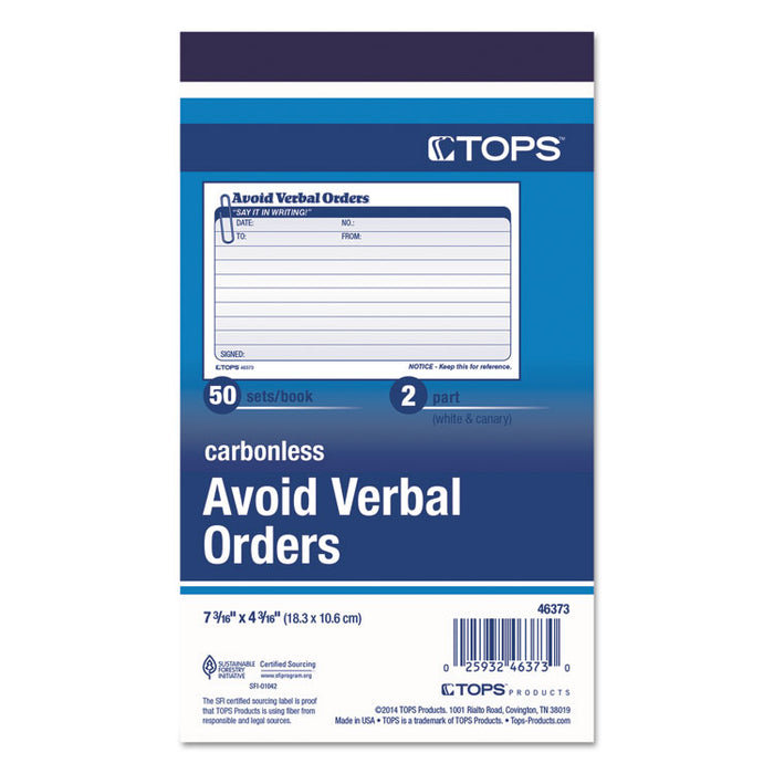 Avoid Verbal Orders Manifold Book, 6 1/4 x 4 1/4, 2-Part Carbonless, 50 Sets/BK