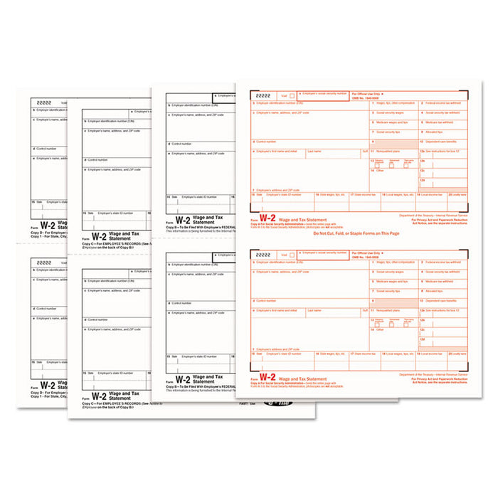 W-2 Tax Forms, Four-Part Carbonless, 5.5 x 8.5, 2/Page, (50) W-2s and (1) W-3